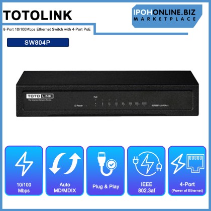 TOTOLINK SW804P 8 Port 10/100Mbps Ethernet Switch with 4 Port PoE TOTOLINK SW804P 8 Port 10/100Mbps Ethernet Switch with 4 Port PoE